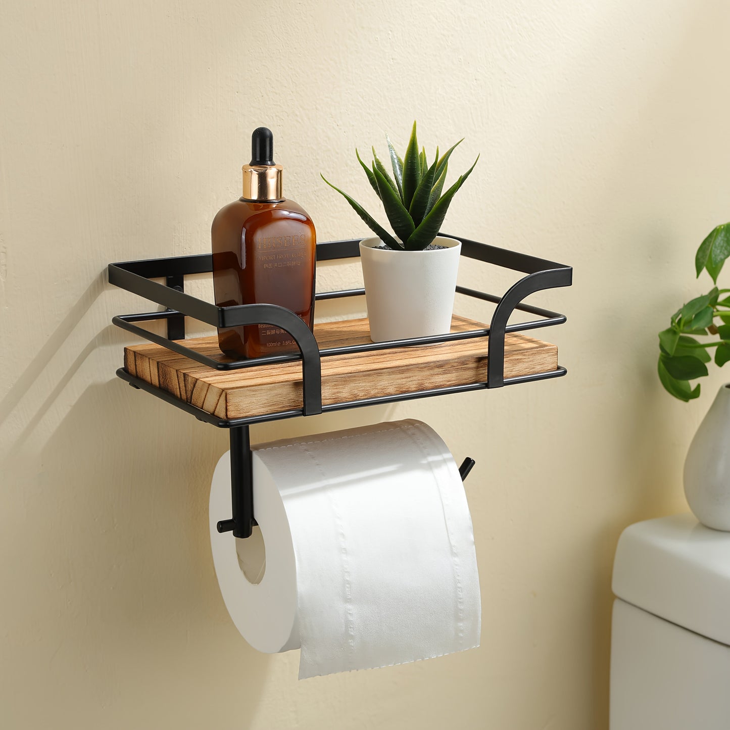 Wall Shelf with Toilet Paper Holder – Metal & Wood