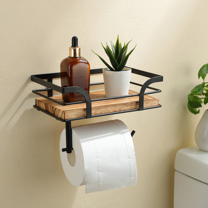 Wall Shelf with Toilet Paper Holder – Metal & Wood