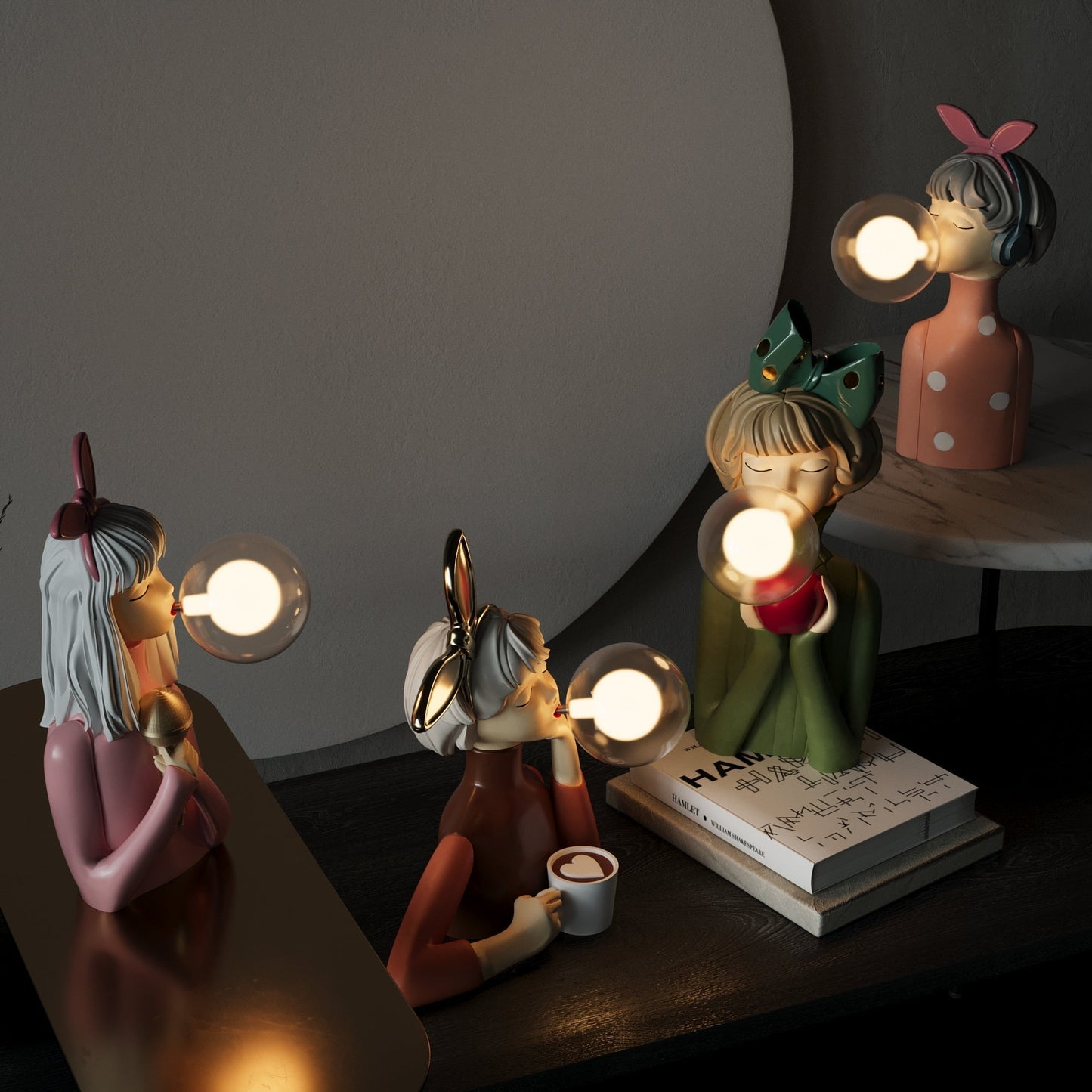 Designer table lamp with soap bubble sculpture