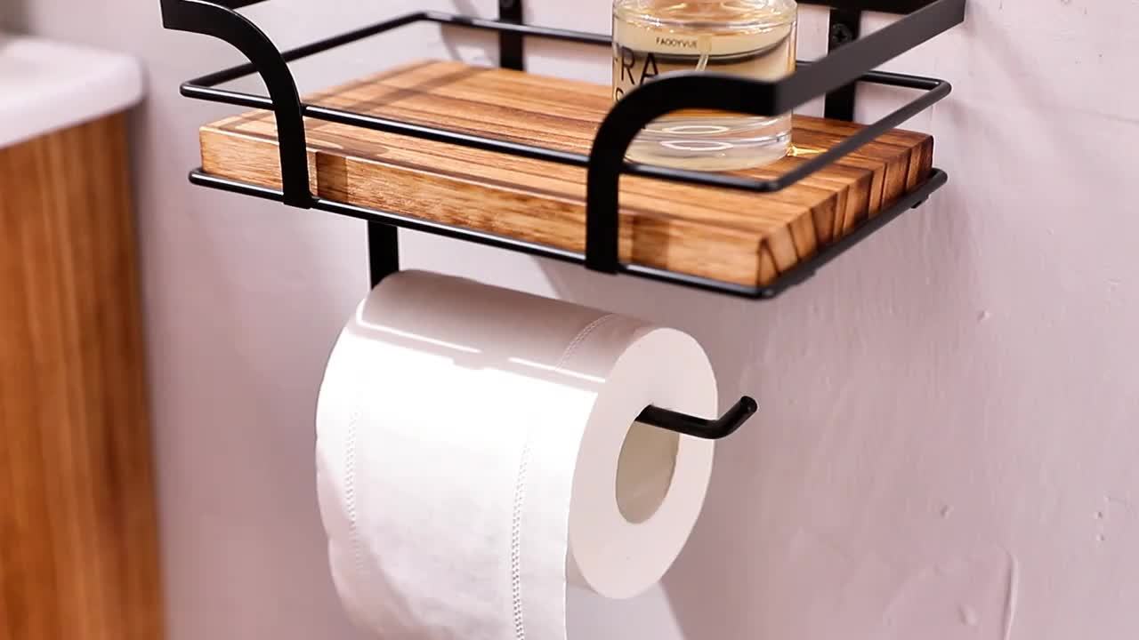 Wall Shelf with Toilet Paper Holder – Metal & Wood