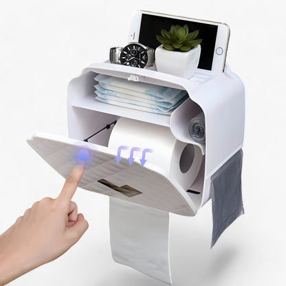 Toilet paper holder with waterproof cover and shelf