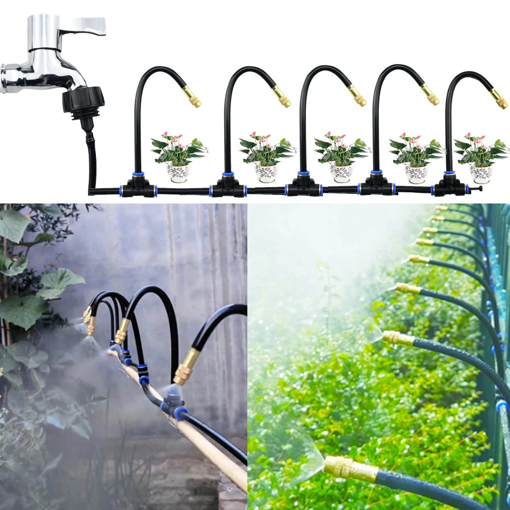 Irrigation system for garden & balcony — 360° spray nozzles, no electricity needed