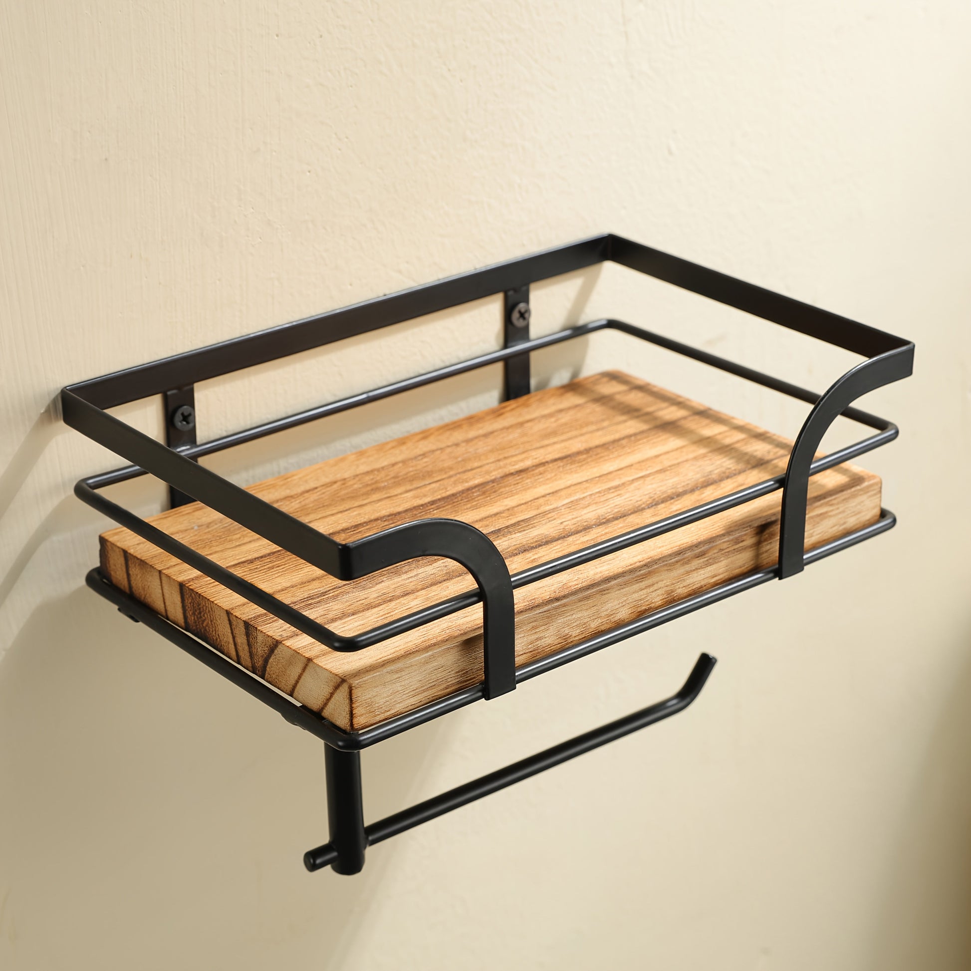 Wall Shelf with Toilet Paper Holder – Metal & Wood