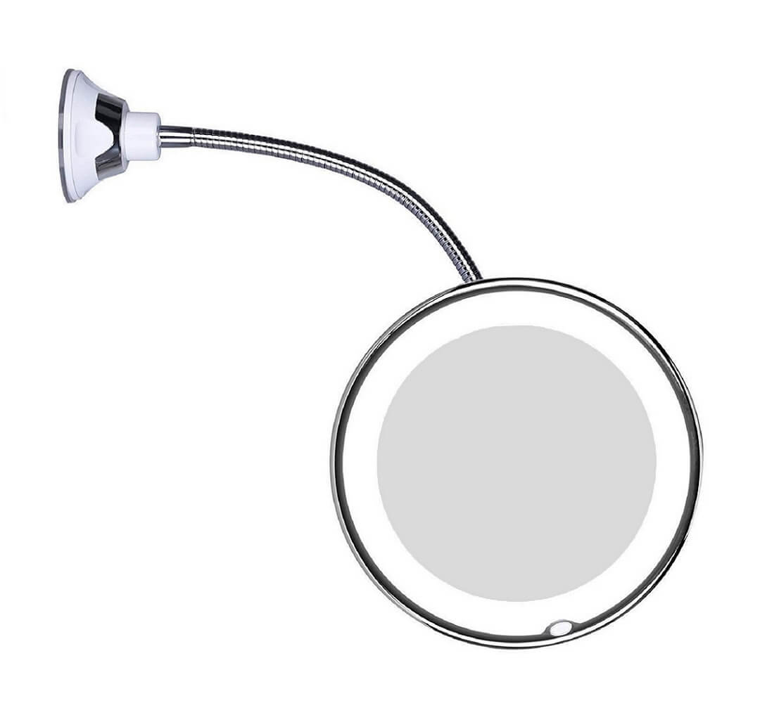 LED cosmetic mirror with 10x magnification and flexible gooseneck